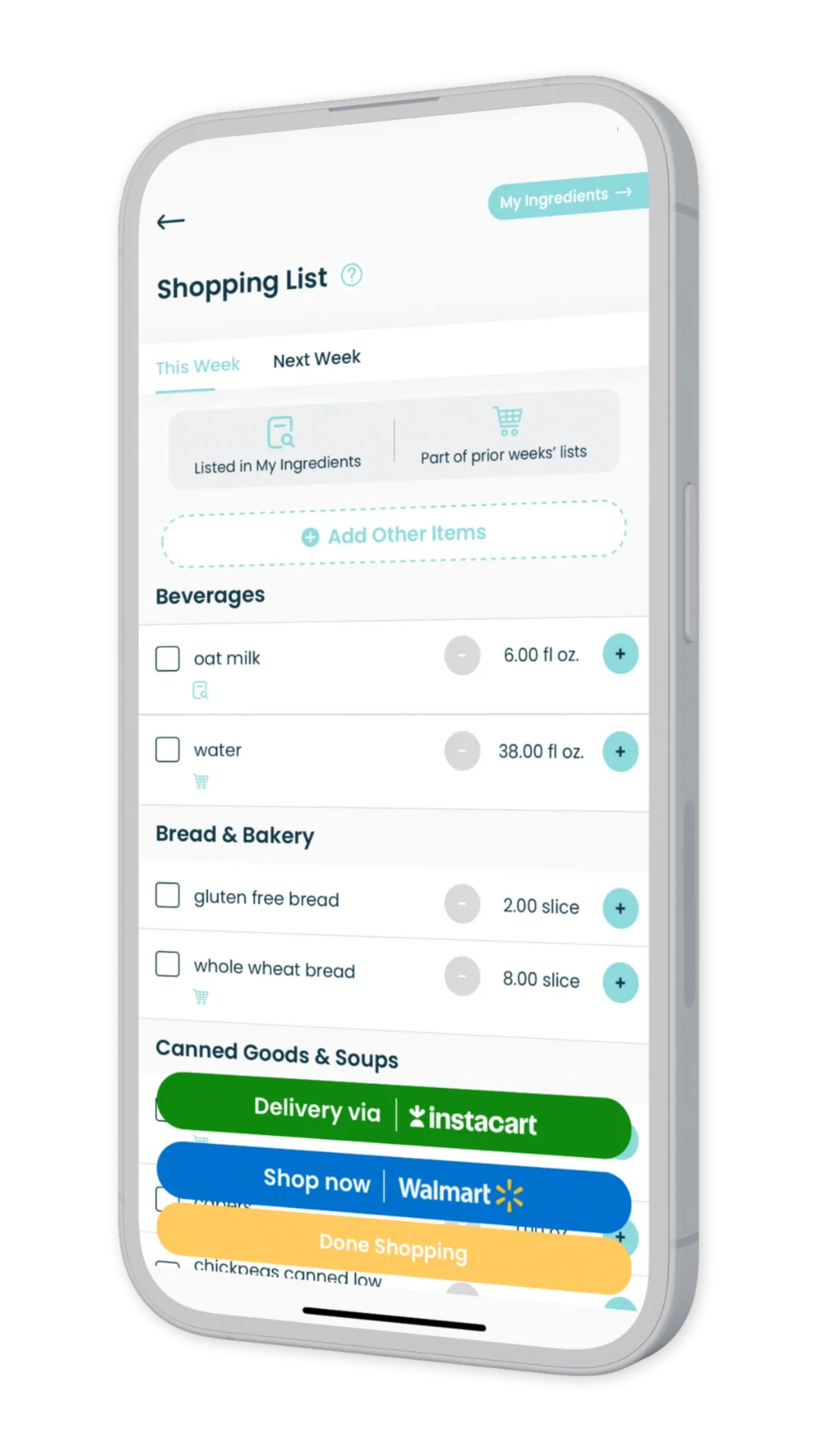 Grocery list optimized for your weekly plan with reuse, savings, and delivery options