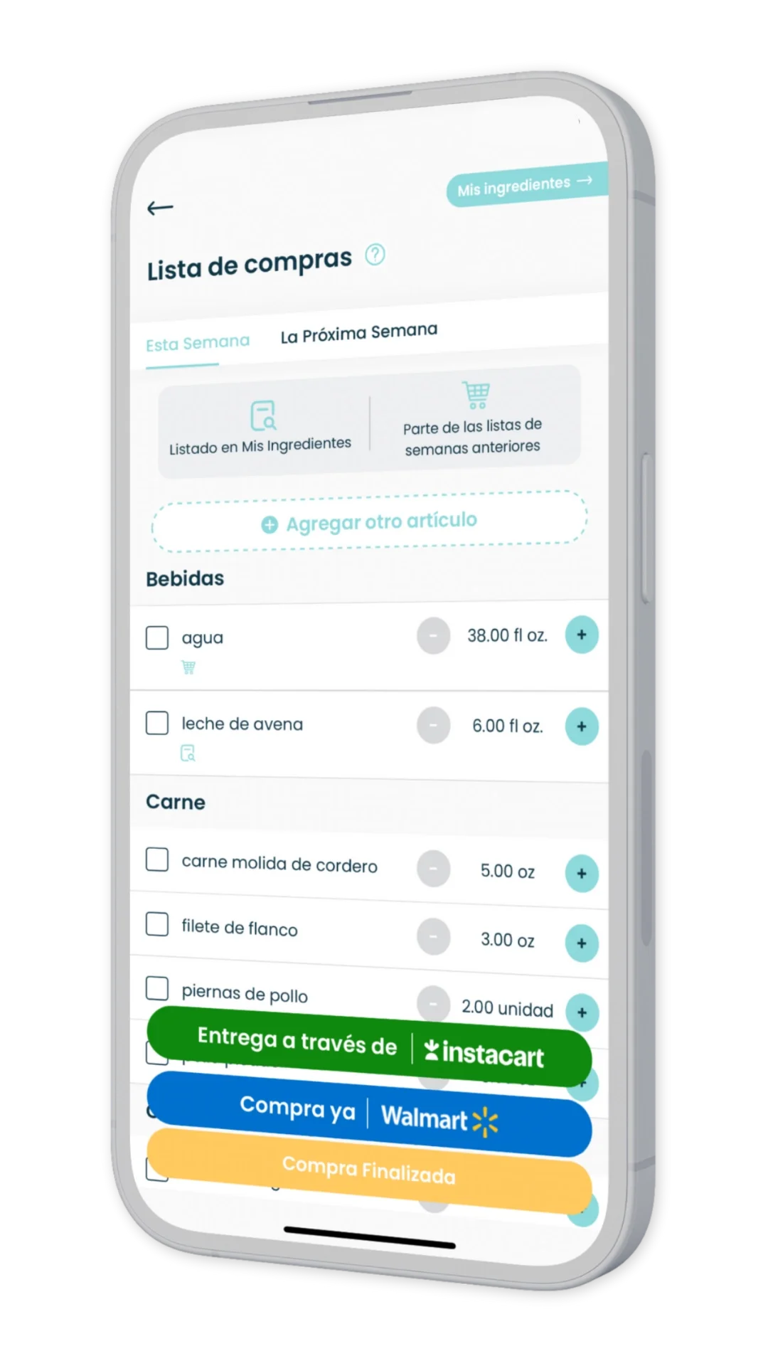 Lista de compras optimizada para tu plan semanal con opciones de reutilización, ahorro y entrega